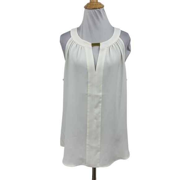 Trina Turk Top Womens L Large White Embassy Halter Ring Neck Sleeveless Pleat - Picture 1 of 12
